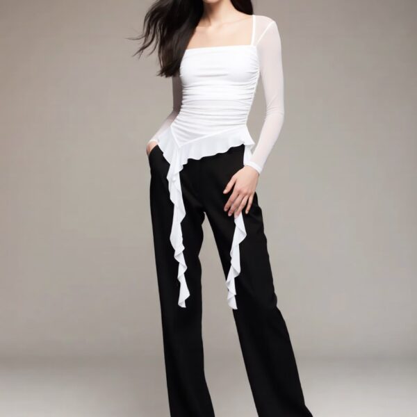 Sofia wearing the Asymmetric Ruffle Sheer Crop Top – Black Market