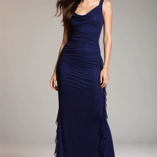 Lani wearing the Glitter Cowl Neck Ruffle Hem Maxi Dress – Black Market