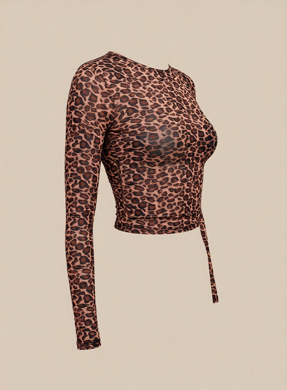 Leopard Mesh Long Sleeve Top three-quarter view – Black Market
