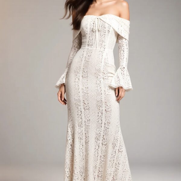 Lani wearing the Long Sleeve Lace Evening Gown – Black Market