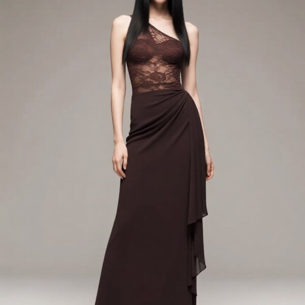 Mei wearing the One Shoulder Sheer Lace Maxi Dress – Black Market