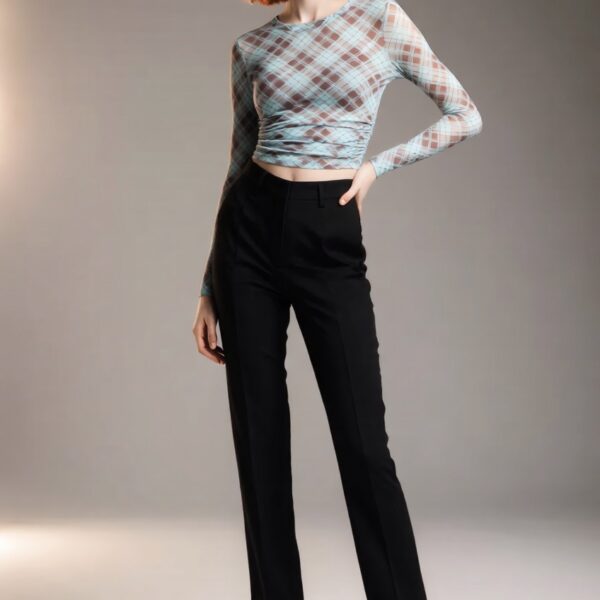 Isla wearing the Printed Sheer Mesh Cinched Crop Top – Black Market