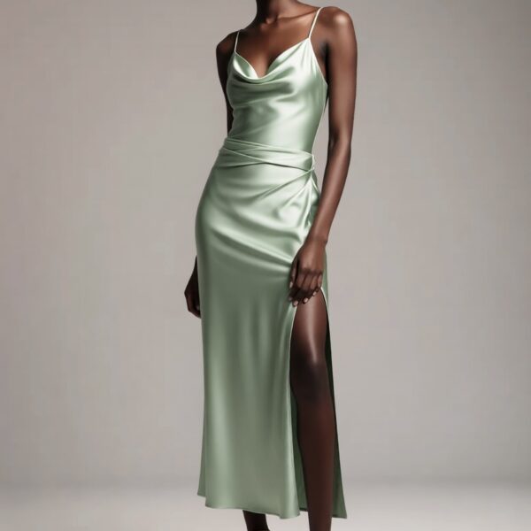 Nia wearing the Sage Satin Cowl Neck Slit Midi Dress – Black Market