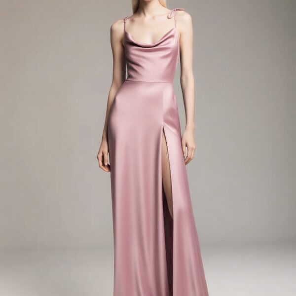 Freya wearing the Satin Cowl Neck Slit Maxi Dress – Black Market