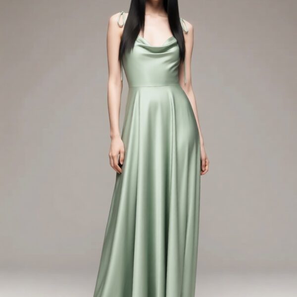 Mei wearing the Satin Cowl Neck Tie Strap Maxi Dress – Black Market