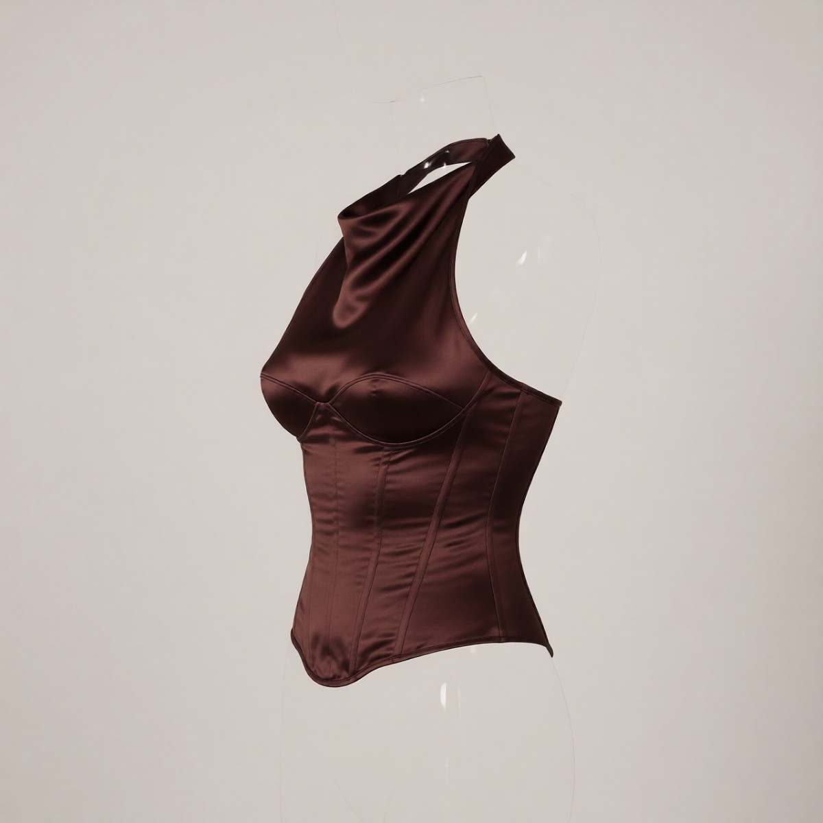 Satin Halter Backless Corset Top three-quarter view – Black Market