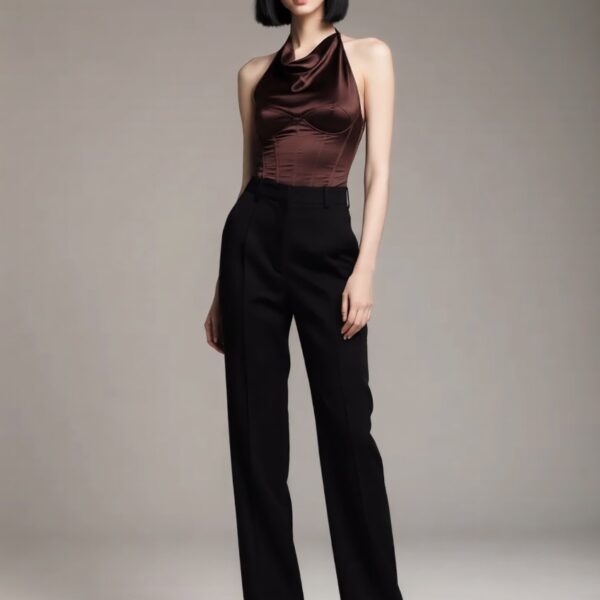Yuna wearing the Satin Halter Backless Corset Top – Black Market