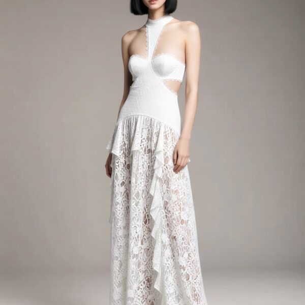 Yuna wearing the Sheer Lace Halter Maxi Dress – Black Market