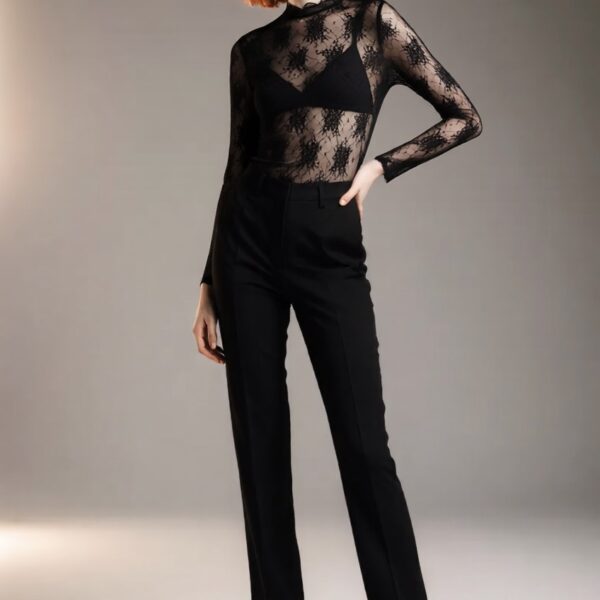 Isla wearing the Sheer Lace Long Sleeve Top – Black Market