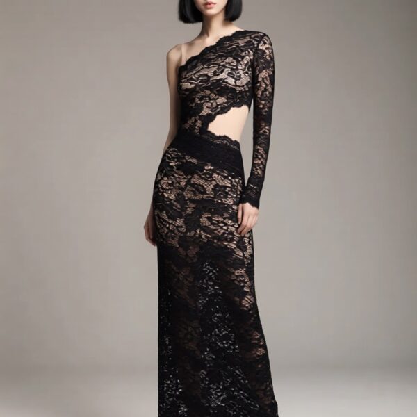 Yuna wearing the Sheer Lace One Shoulder Mini Dress – Black Market