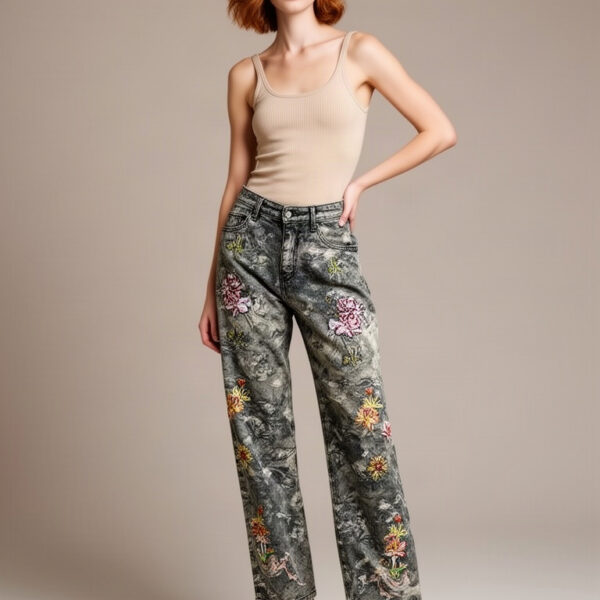 Embroidered Y2K Jeans worn by house model Isla