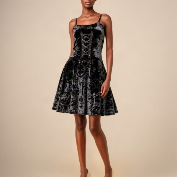 Velvet Flare Dress worn by house model Nia