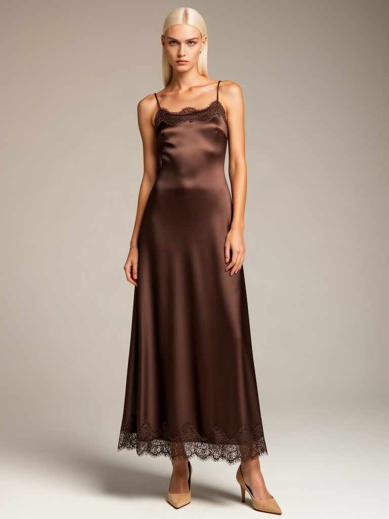 Lace Trim Satin Midi worn by house model Freya