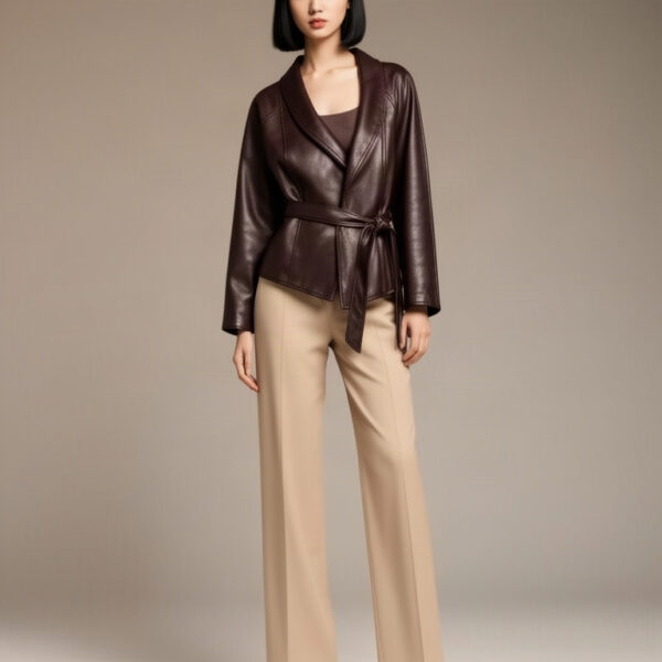 Leather Wrap Jacket worn by house model Yuna