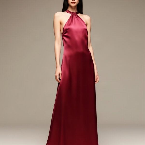 Silky Halter Maxi worn by house model Mei